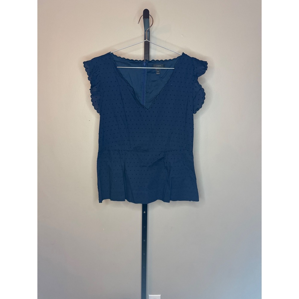 J.Crew Navy Blue Clip Dot Scalloped V-Neck Flutter Sleeve Peplum Top Size 12